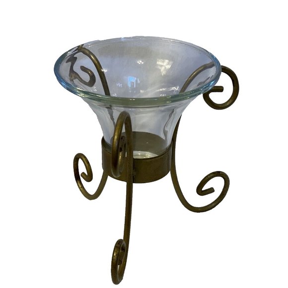 Indiana Glass Scroll Candle Holder Set. Crystal Glass With Metal Gold Support 6" - Picture 1 of 9